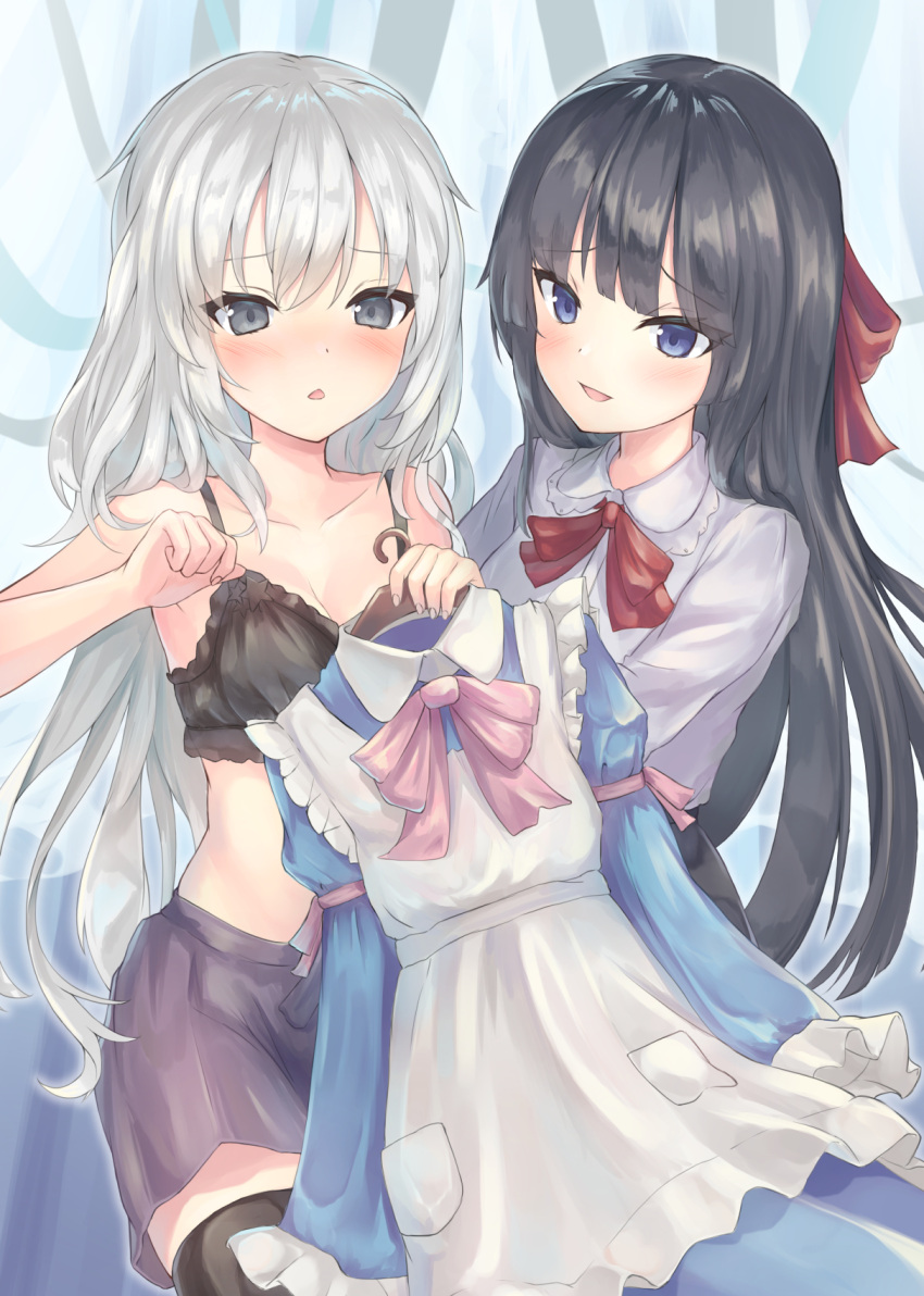 2girls, :o, bangs, black_bra, black_hair, blue_eyes, blush, bow