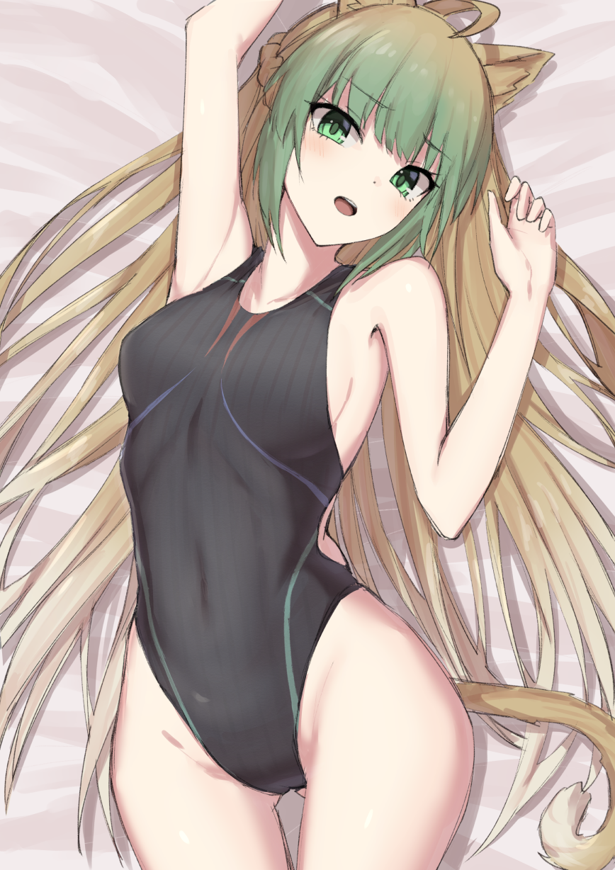 1girl, ahoge, animal_ears, atalanta_(fate), bangs, bare_shoulders, black_swimsuit, blonde_hair