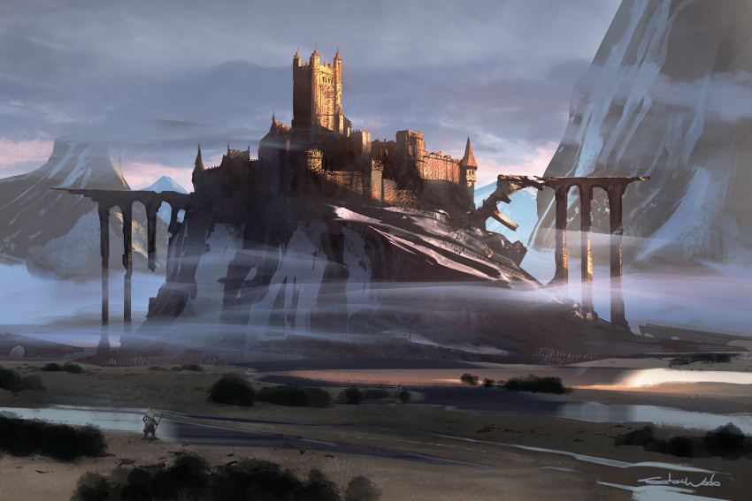 1other, ambiguous_gender, bridge, bush, castle, cloak, clouds, cloudy_sky