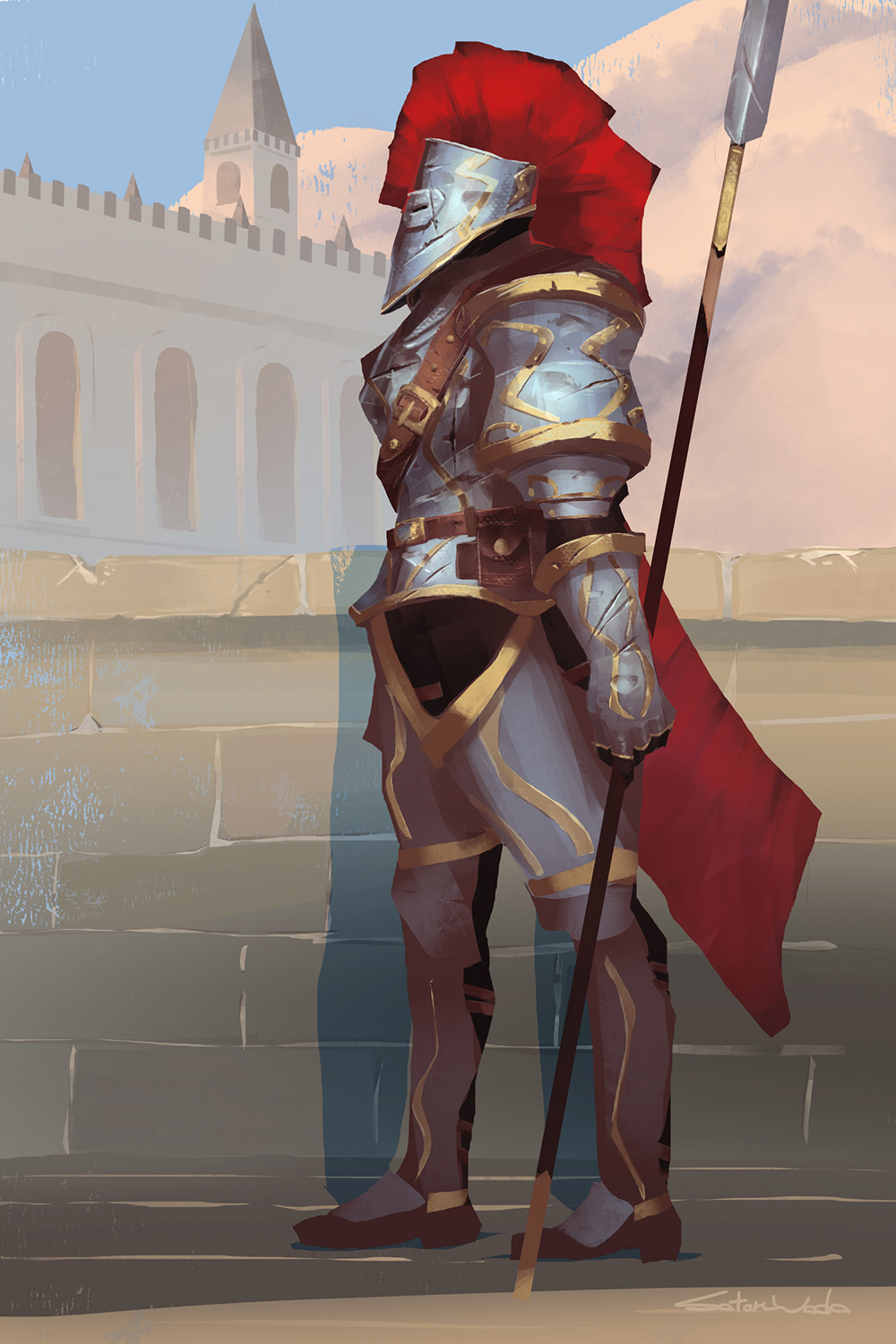 1other, ambiguous_gender, armor, armored_boots, belt, blue_sky, boots, breastplate