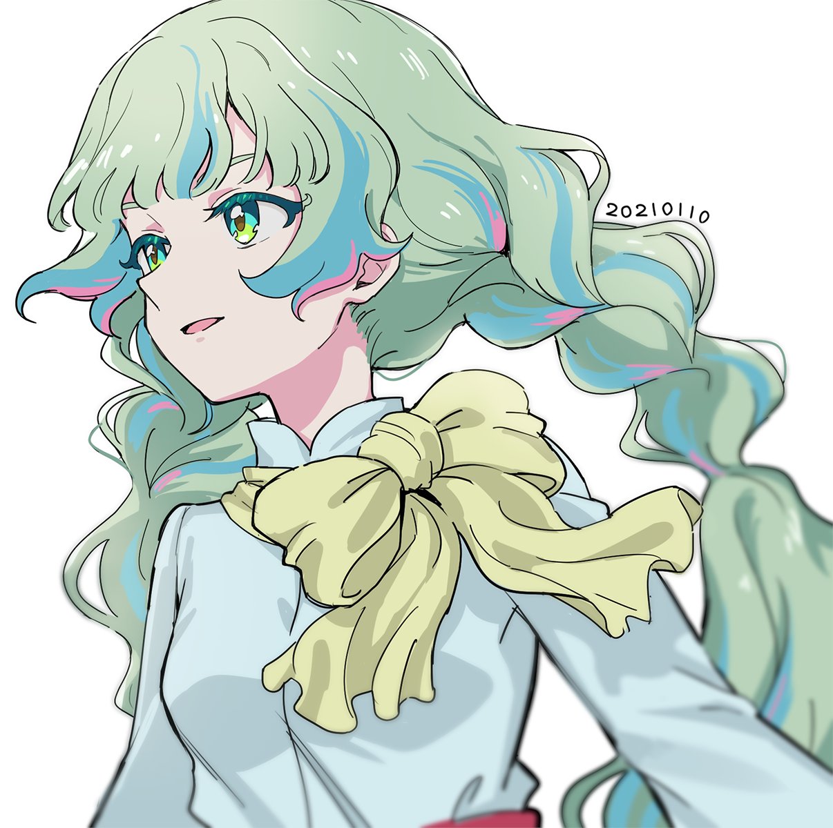 1girl, aikatsu!_(series), aikatsu_planet!, aqua_eyes, aqua_hair, bangs, blouse, blunt_bangs