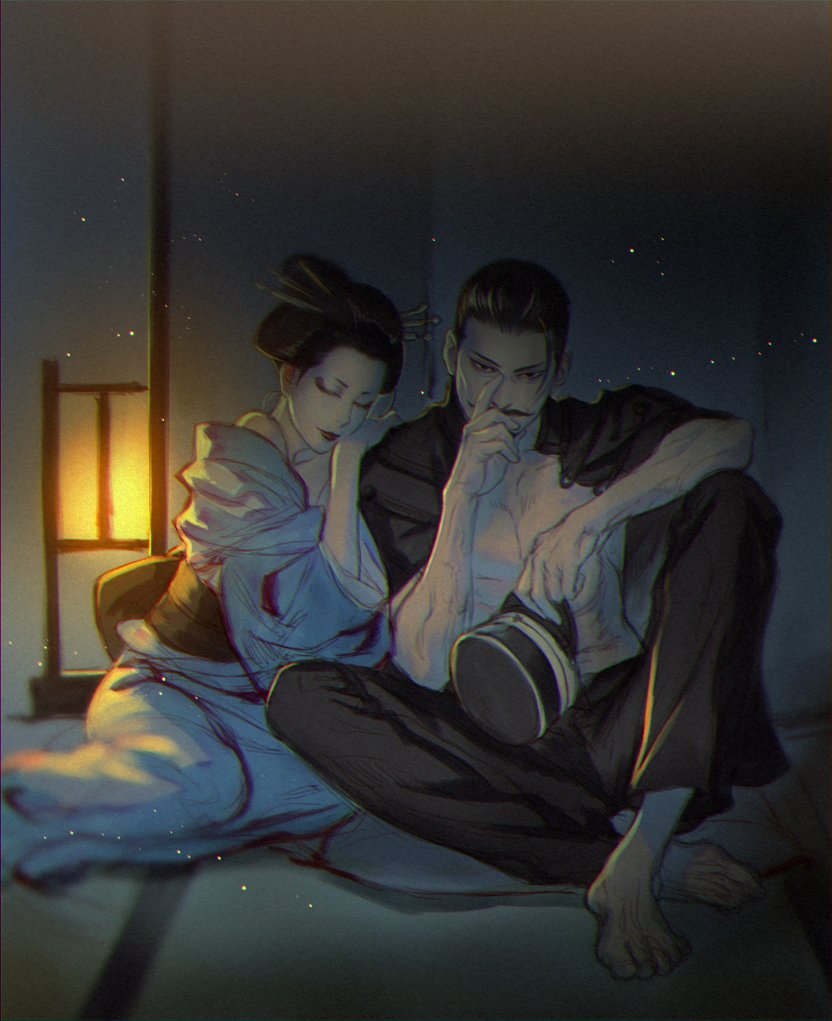 1boy, 1girl, abs, black_eyes, black_hair, blue_jacket, collared_jacket, facial_hair, full_body, golden_kamuy, hair_slicked_back, hair_strand, hand_on_own_face, hat, imperial_japanese_army, implied_prostitution, jacket, kepi, knees_up, leaning_on_person, long_sleeves, military, military_hat, military_uniform, mustache, short_hair, toned, toned_male, tsurumi_tokushirou, uniform, w55674570w, younger