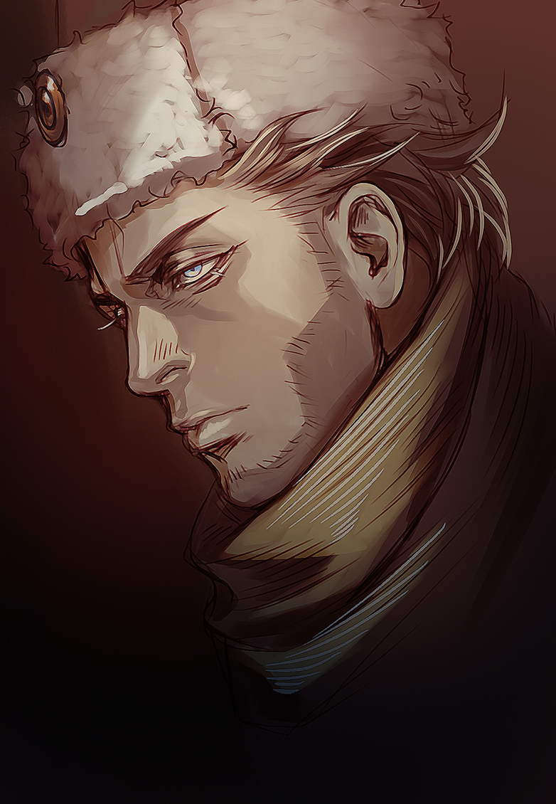 1boy, beard, brown_hair, brown_theme, expressionless, face, facial_hair, from_side