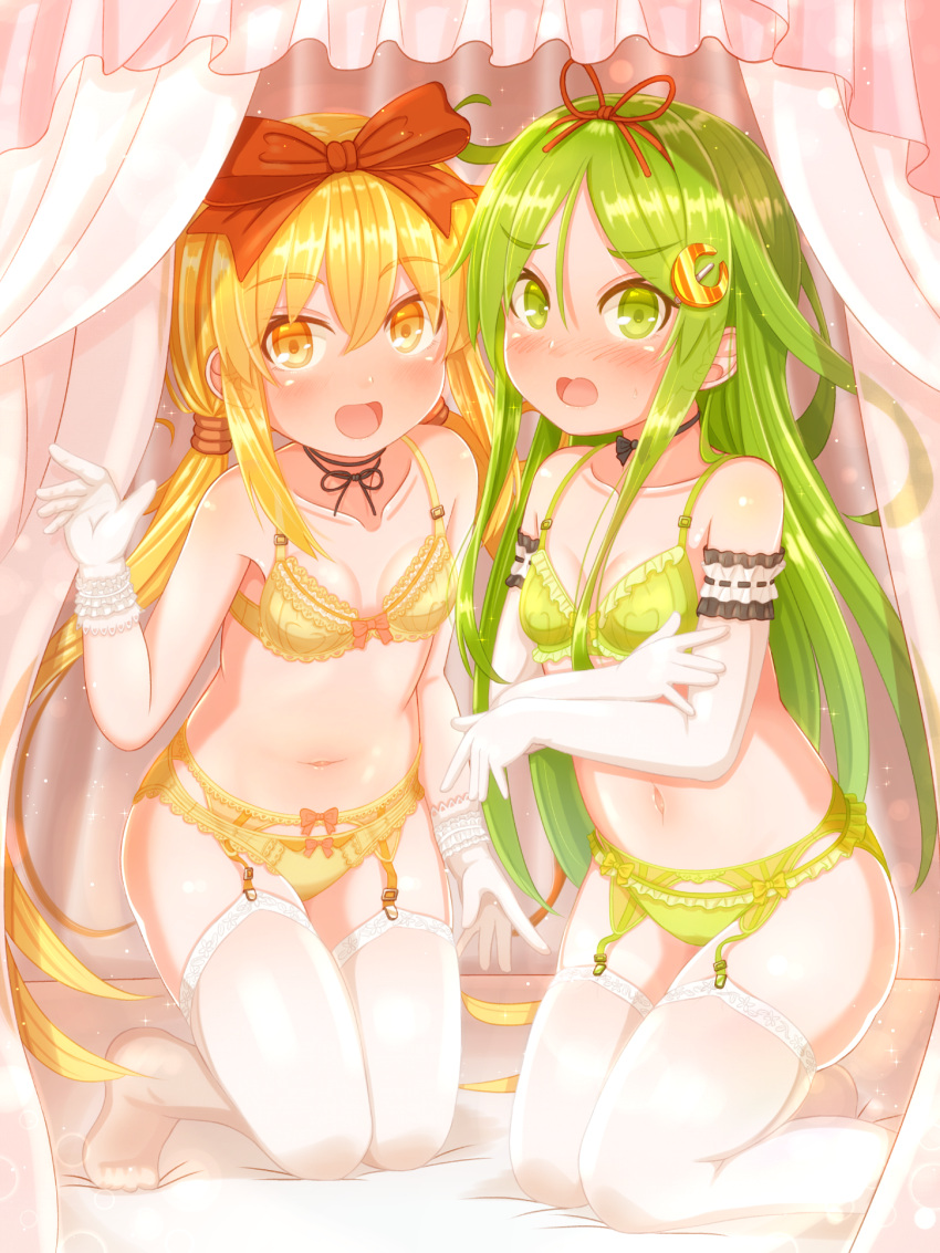 2girls, absurdres, blonde_hair, blush, bra, collarbone, crescent, crescent_hair_ornament