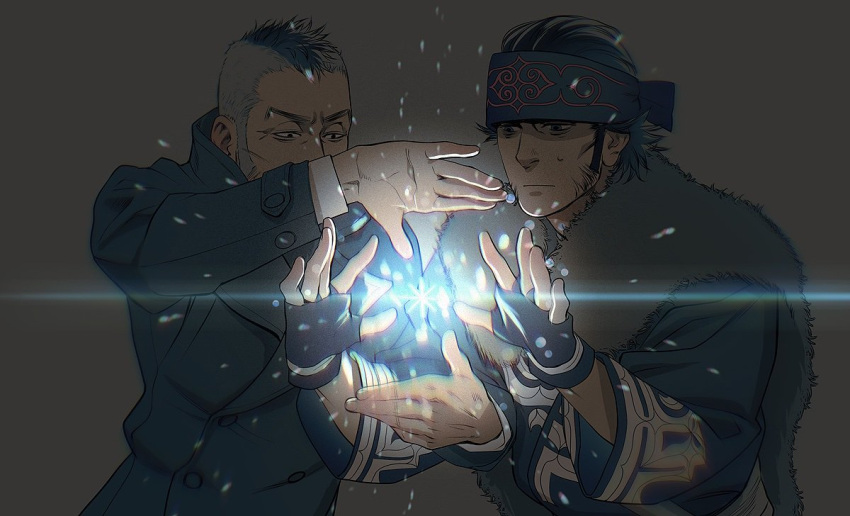 2boys, ainu, ainu_clothes, black_eyes, black_hair, blue_collar, blue_kimono, buttons, collar, collared_coat, couple, dark, facial_hair, finger_frame, fingerless_gloves, gloves, golden_kamuy, hat, head_to_head, headband, japanese_clothes, kadokura_(golden_kamuy), kepi, kimono, kirawus_(golden_kamuy), long_sleeves, male_focus, military_hat, mohawk, multiple_boys, old, old_man, open_hands, short_hair, sideburns, simple_background, snowflakes, stubble, sweatdrop, upper_body, w55674570w