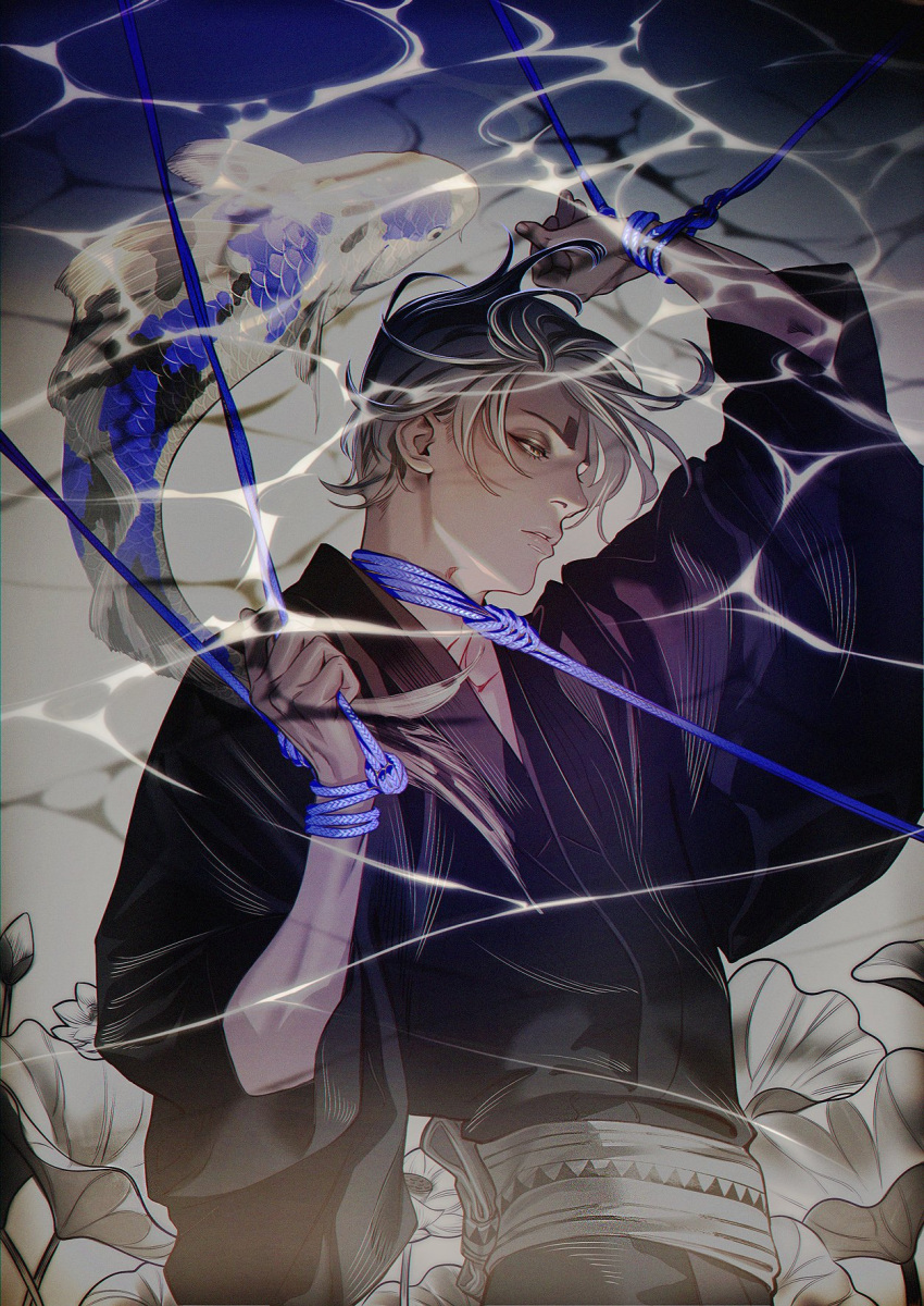 1boy, alternate_costume, bangs, black_hair, black_kimono, blue_theme, brown_eyes, dark_skin