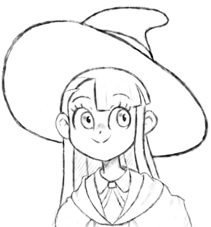 1girl, bangs, blunt_bangs, cloak, collared_shirt, dot_nose, english_commentary, eyebrows_visible_through_hair, face, greyscale, hat, highres, kagari_atsuko, little_witch_academia, long_hair, looking_away, looking_to_the_side, monochrome, roxlyn166, shirt, sideways_glance, simple_background, smile, solo, straight_hair, upper_body, white_background, witch_hat