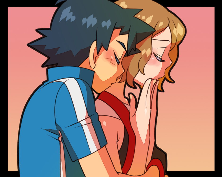 1boy, 1girl, amada, amourshipping, ash_ketchum, black_hair, blonde_hair, blush, closed_eyes, couple, hug, hug_from_behind, pokemon, pokemon_(anime), pokemon_(game), pokemon_xy, serena_(pokemon), short_hair, smile