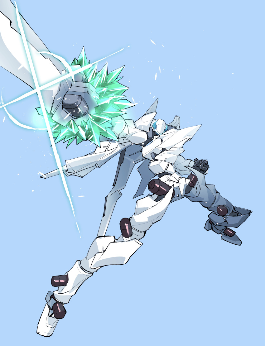 absurdres, blue_background, clenched_hands, crystal, dynamic_pose, highres, holding, holding_sword