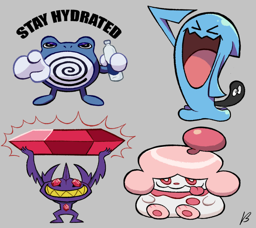 >_<, aqua_skin, blue_skin, bottle, closed_eyes, colored_skin, commentary, creature, english_commentary, english_text, full_body, gen_1_pokemon, gen_2_pokemon, gen_3_pokemon, gen_6_pokemon, grey_background, happy, holding, holding_bottle, looking_at_viewer, no_humans, open_mouth, pokemon, pokemon_(creature), poliwhirl, red_eyes, roxlyn166, sableye, sharp_teeth, signature, simple_background, slurpuff, smartwater, smile, standing, teeth, tongue, water_bottle, wobbuffet