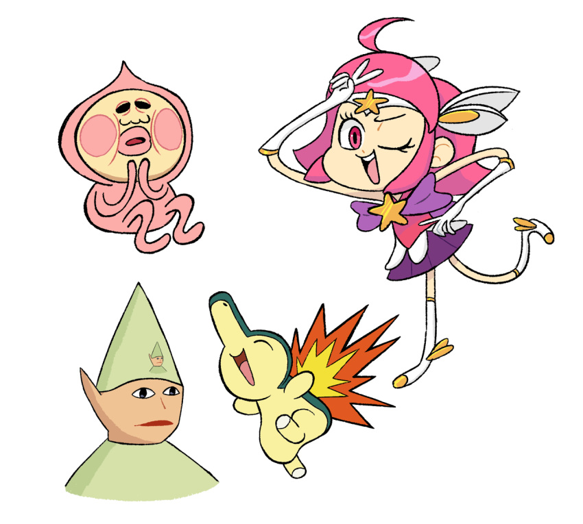 1girl, :d, ahoge, arm_up, black_eyes, blush_stickers, bodysuit, boots, character_request, commentary, creature, cyndaquil, elbow_gloves, english_commentary, full_body, gen_2_pokemon, gloves, gnome_child, green_headwear, green_shirt, half-closed_eyes, hand_on_hip, hat, league_of_legends, looking_at_viewer, luxanna_crownguard, magical_girl, miniskirt, nose, one_eye_closed, open_mouth, pink_bodysuit, pink_eyes, pink_hair, pleated_skirt, pokemon, pokemon_(creature), pokemon_(game), pokemon_gsc, purple_skirt, roxlyn166, runescape, shirt, simple_background, skirt, sleeveless, smile, standing, standing_on_one_leg, star_(symbol), star_guardian_(league_of_legends), star_guardian_lux, starter_pokemon, striped, thigh-highs, thigh_boots, twintails, v, white_background, white_footwear, white_gloves