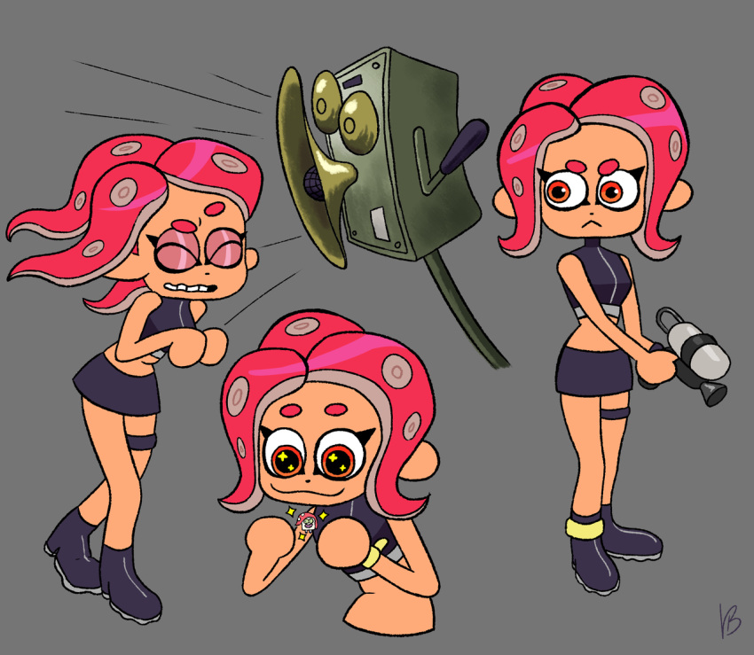 1girl, :3, agent_8_(splatoon), artist_name, black_footwear, black_skirt, boots, character_sheet
