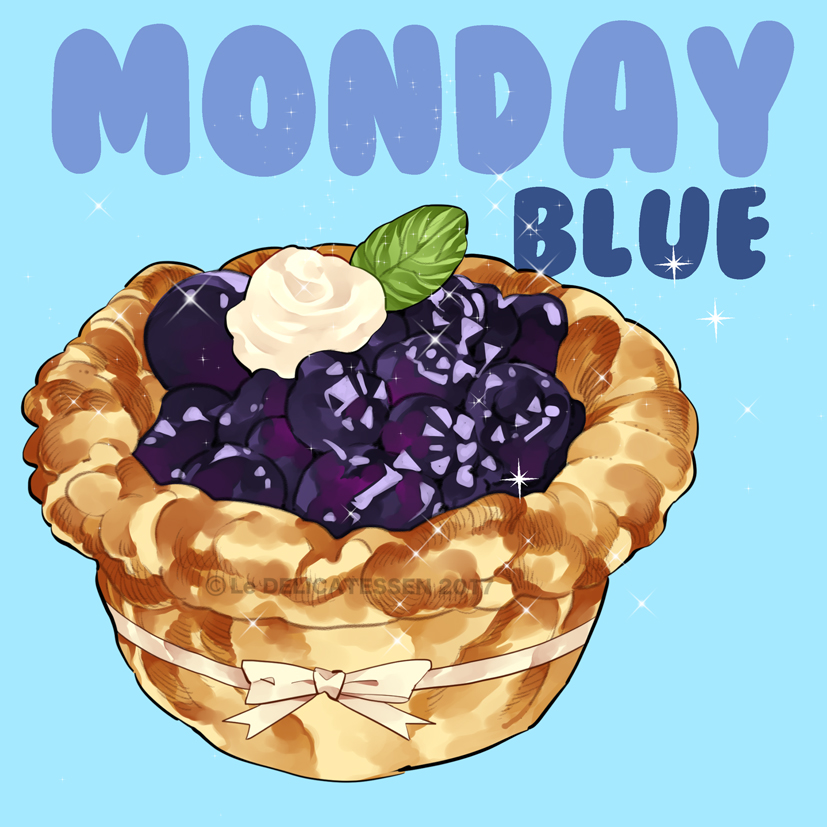blue_background, blueberry, blueberry_tart, cream, dessert, english_text, food, food_focus, fruit, fruit_tart, le_delicatessen, leaf, monday, no_humans, original, pastry, ribbon, simple_background, sparkle, still_life, tart_(food)
