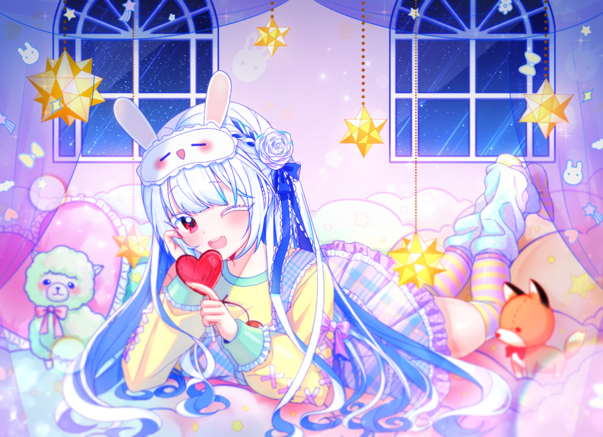1girl, ;d, bangs, blue_hair, blush, candy, colored_eyelashes, curtains