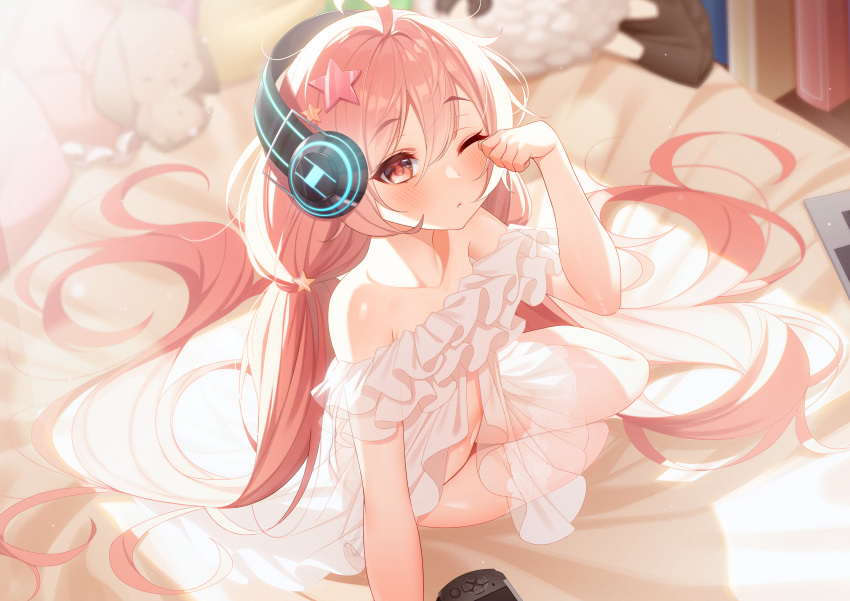 1girl, absurdres, ahoge, bangs, bare_shoulders, blurry, blurry_background, blush, collarbone, commentary_request, depth_of_field, evante_(pride_of_eden), eyebrows_visible_through_hair, groin, hair_between_eyes, hair_ornament, hand_up, handheld_game_console, headphones, highres, huge_filesize, low_twintails, navel, neon_trim, pink_hair, red:_pride_of_eden, red_eyes, rubbing_eyes, see-through, sleepy, solo, star_(symbol), star_hair_ornament, stuffed_animal, stuffed_bunny, stuffed_toy, the_cold, twintails, waking_up