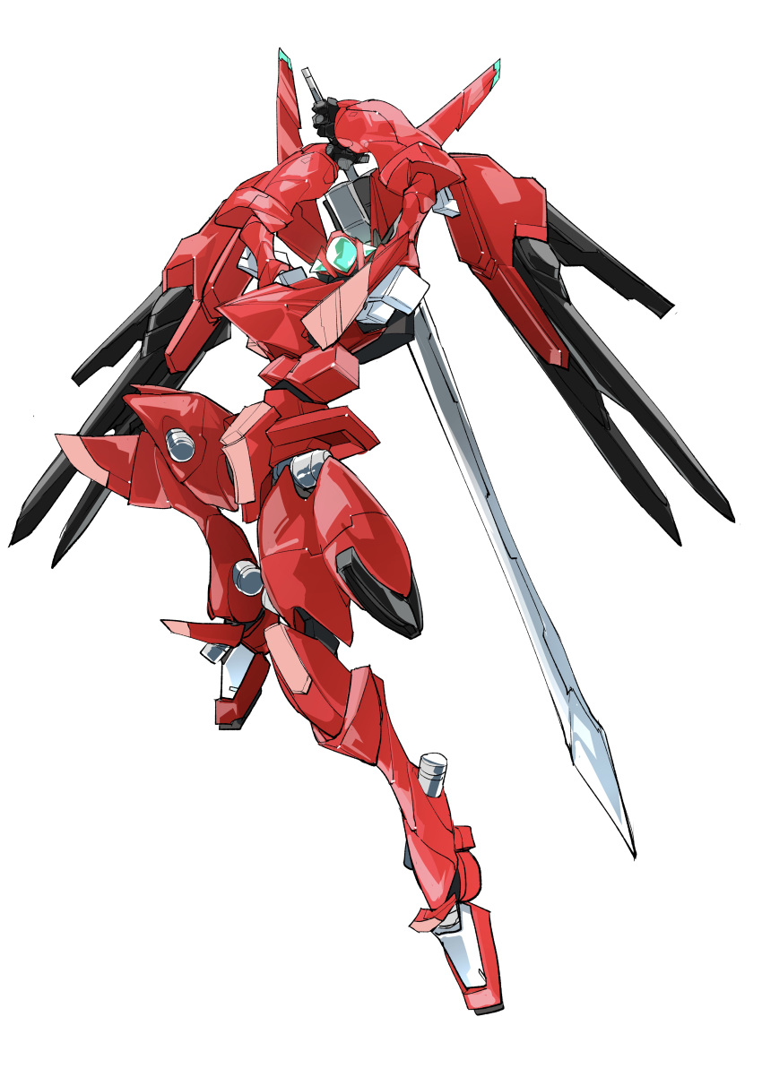 absurdres, highres, holding, holding_sword, holding_weapon, jumping, looking_down, mark_dreizehn, mecha, mechanical_wings, no_humans, pochi_(askas_is_god), science_fiction, solo, soukyuu_no_fafner, sword, visor, weapon, white_background, wings