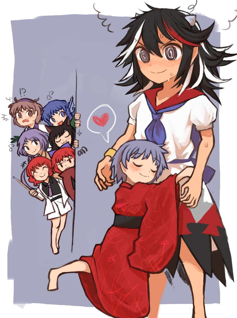 6+girls, @_@, barefoot, black_hair, blue_hair, blue_neckwear, blush, brown_hair, closed_eyes, donki_rkgk, double_dealing_character, heart, height_difference, horikawa_raiko, horns, hug, imaizumi_kagerou, japanese_clothes, kijin_seija, kimono, long_hair, long_sleeves, multicolored_hair, multiple_girls, purple_hair, red_eyes, red_kimono, redhead, sekibanki, shirt, short_hair, simple_background, skirt, spoken_heart, sukuna_shinmyoumaru, touhou, tsukumo_benben, tsukumo_yatsuhashi, wakasagihime, watching, white_shirt, wide_sleeves