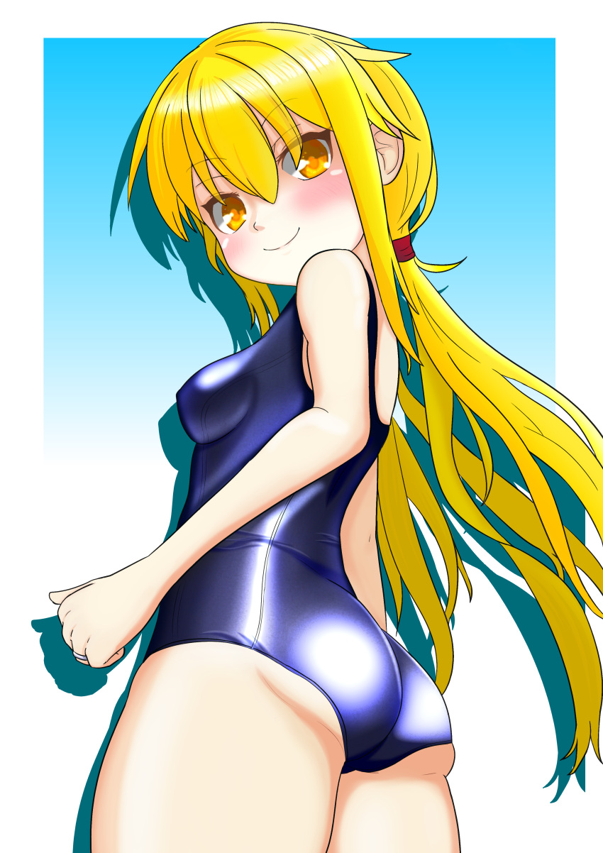 1girl, absurdres, ass, blonde_hair, blue_background, blue_swimsuit, border, commentary_request, cowboy_shot, daichi_(daiti1318), from_behind, from_below, gradient, gradient_background, highres, kantai_collection, long_hair, looking_at_viewer, looking_back, low_twintails, satsuki_(kantai_collection), school_swimsuit, solo, swimsuit, twintails, white_border, yellow_eyes