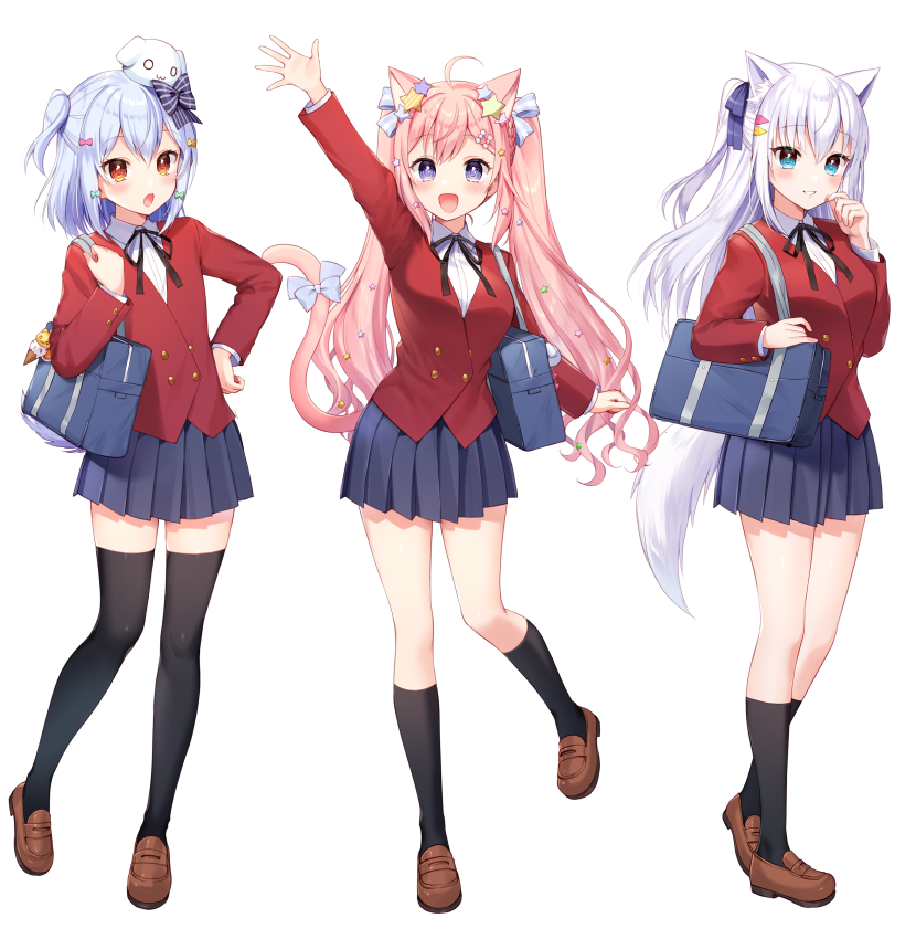 1boy, 2girls, animal_ears, bag, blue_eyes, blush, breasts, cat_ears