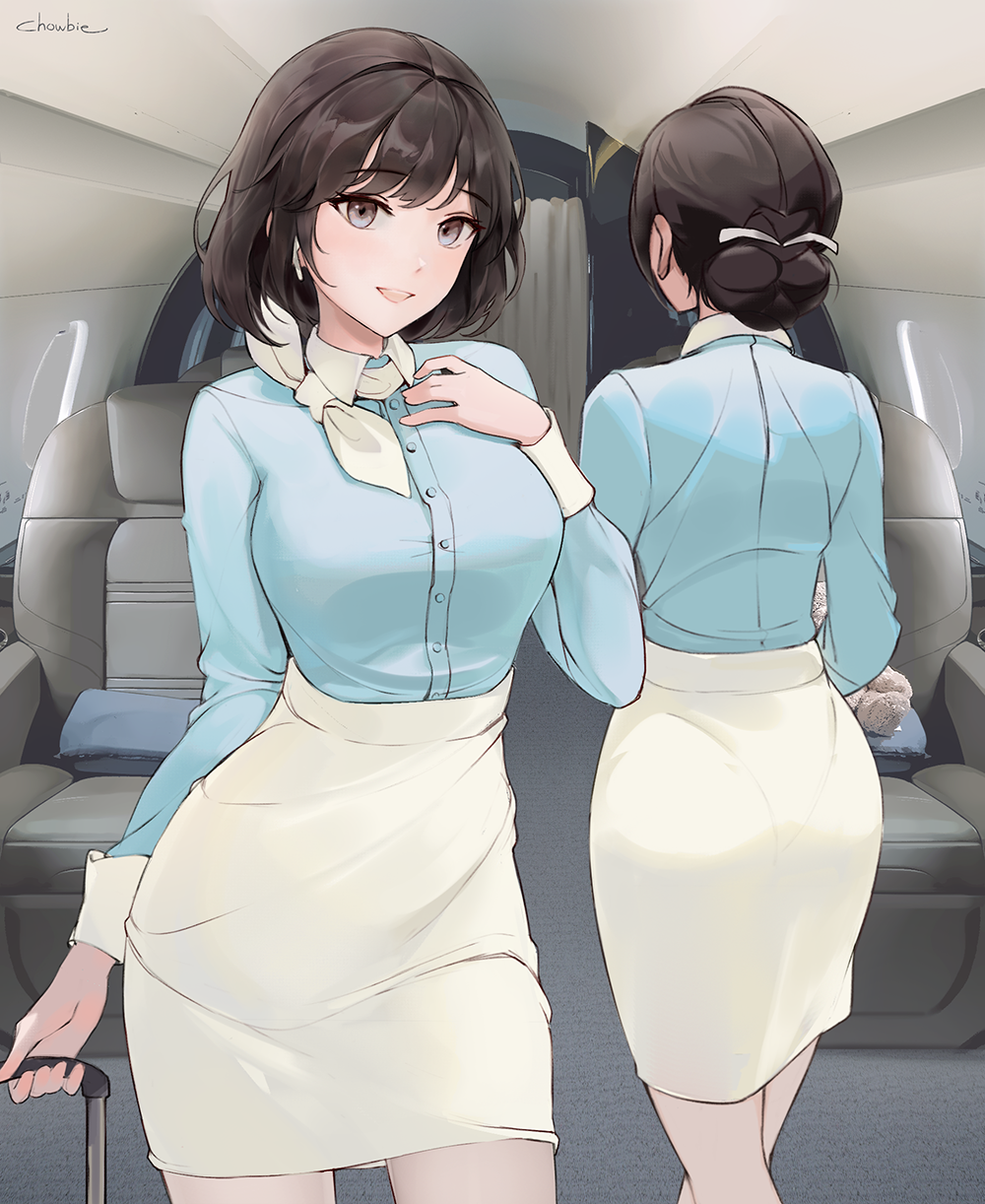1girl, airplane_interior, artist_name, ass, bangs, blush, brown_eyes, brown_hair