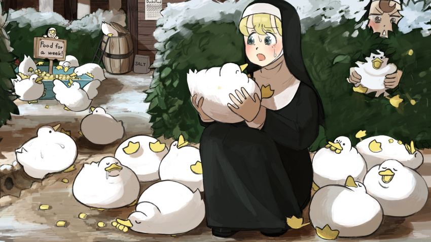 2girls, animal_on_hand, bag, barrel, bird, blonde_hair, blue_eyes, brown_eyes, brown_hair, catholic, chicken, chicken_coop, closed_eyes, commentary, diva_(hyxpk), drooling, duck, english_commentary, fat, feeding, food, food_in_mouth, grabbing, grabbing_from_behind, habit, hedge_(plant), highres, hole, ladder, little_nun_(diva), looking_to_the_side, multiple_girls, nun, paper_bag, pillar, schedule, sign, skid_mark, sleeping, snow, sparkling_eyes, spread_wings, squatting, surprised, sweat, triangle_mouth, trough, wooden_wall