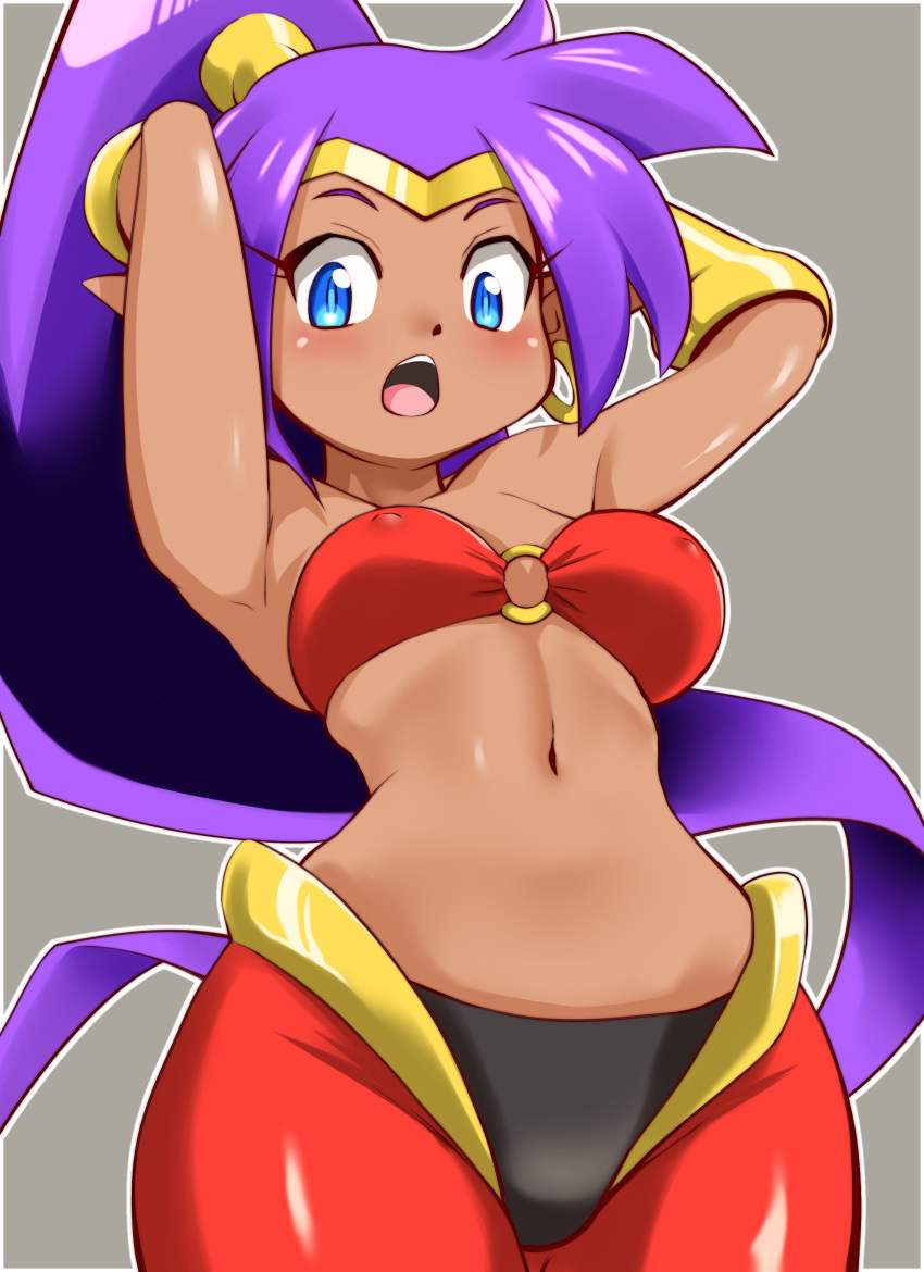 1girl, absurdres, arabian_clothes, armpits, arms_up, bandeau, blue_eyes, bracer