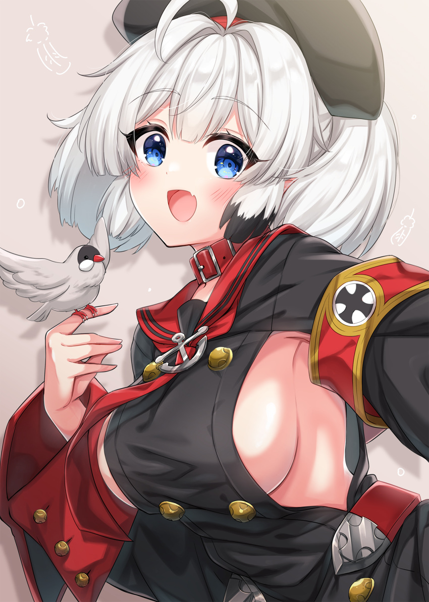 1girl, :d, ahoge, anchor_symbol, armband, armpit_cutout, azur_lane, bangs, beret, bird, bird_on_hand, black_dress, black_hair, black_headwear, blue_eyes, blush, breasts, clothing_cutout, collar, commentary_request, dress, drop_shadow, eyebrows_visible_through_hair, fang, hair_between_eyes, hair_intakes, hat, highres, iron_cross, large_breasts, looking_at_viewer, multicolored_hair, neckerchief, open_mouth, red_collar, red_neckwear, red_sailor_collar, ruima, sailor_collar, sideboob, sidelocks, simple_background, skin_fang, smile, solo, standing, streaked_hair, upper_body, white_hair, wide_sleeves, z28_(azur_lane)