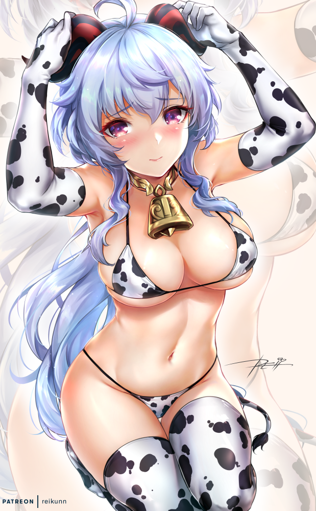 1girl, ahoge, animal_print, arms_up, bangs, bare_shoulders, bell, black_bodysuit