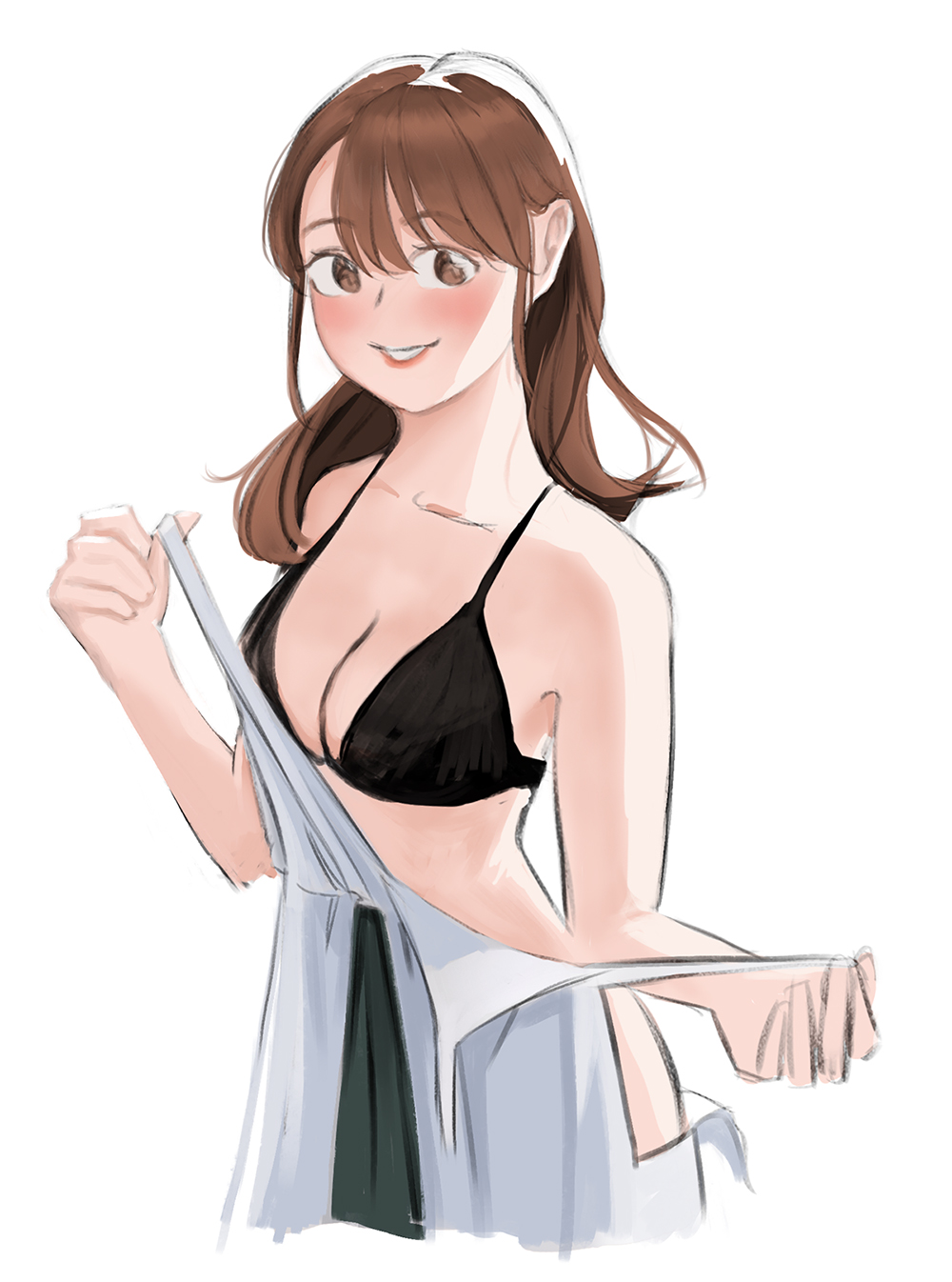 1girl, agent_aika, aika_(series), alternate_costume, azelweien, bare_shoulders, black_bra, black_delmo