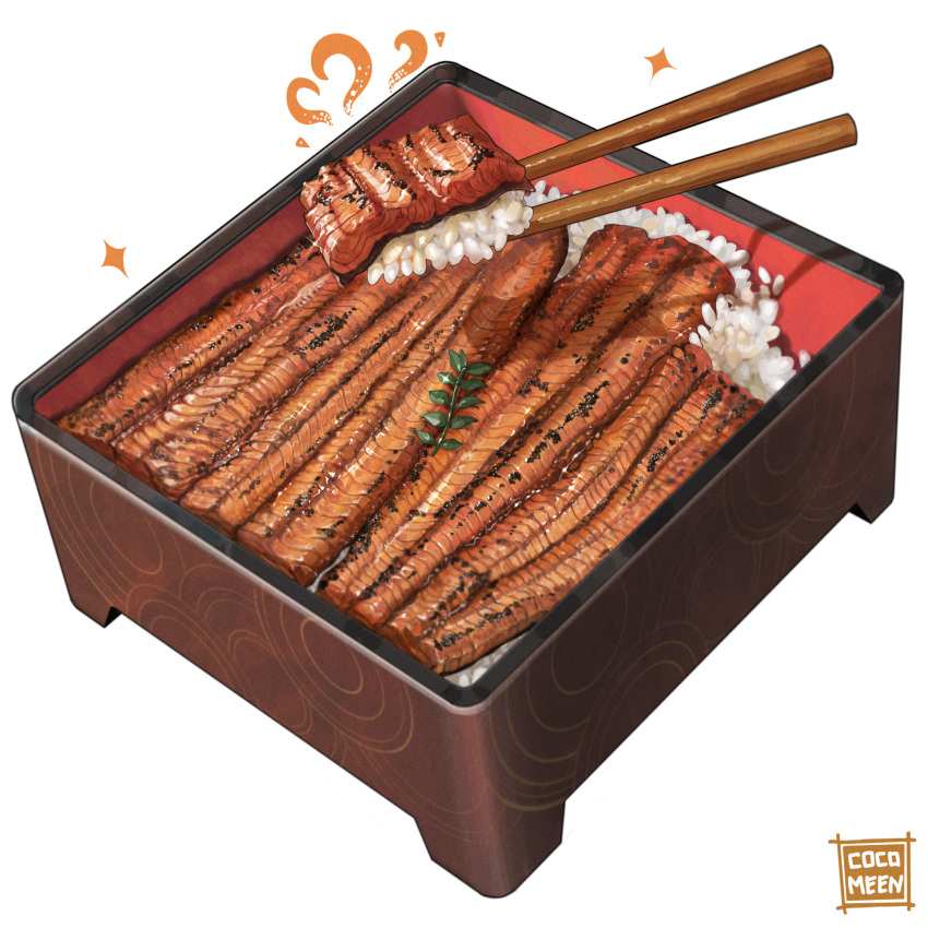 artist_name, chopsticks, english_text, fish, food, food_focus, garnish, grilled_eel