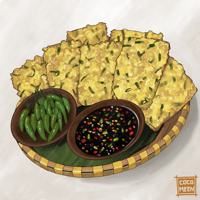 artist_name, bowl, chili, food, food_focus, fried_food, highres, leaf