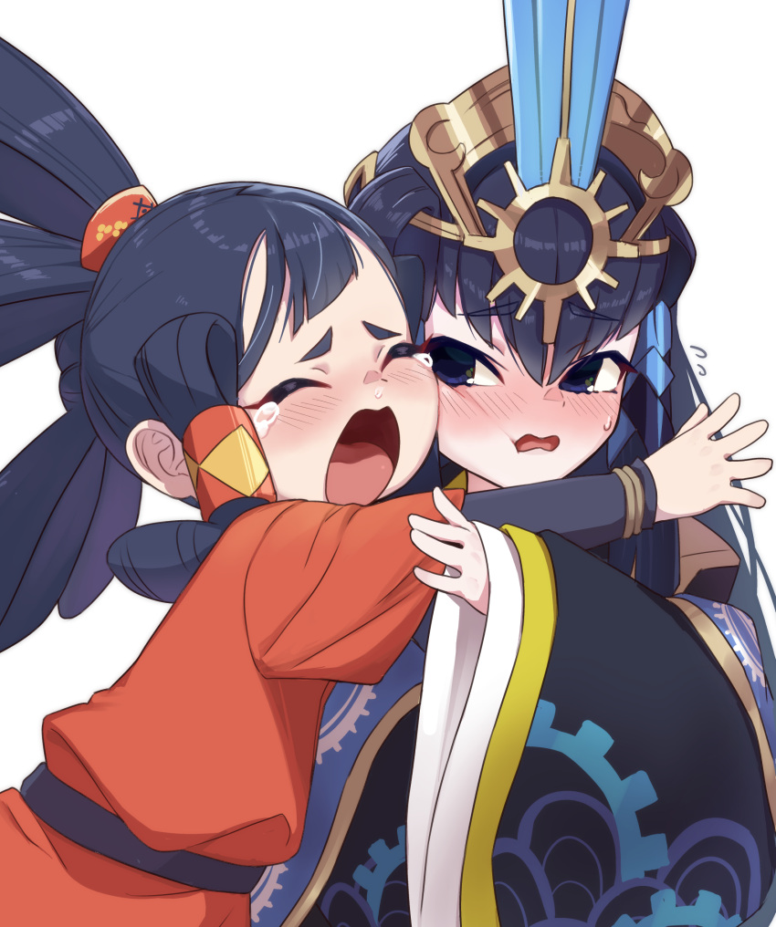 2girls, black_hair, blue_eyes, blush, cheek-to-cheek, closed_eyes, crying, hair_ornament