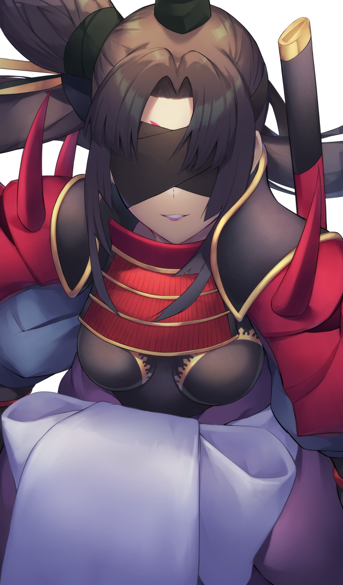 1girl, armor, bangs, black_hair, blindfold, breasts, fate/grand_order, fate_(series)
