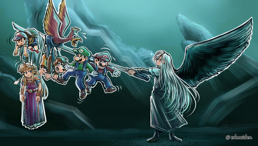 2girls, 5boys, backpack, bag, banjo-kazooie, banjo_(banjo-kazooie), black_wings, blonde_hair, blue_eyes, erlmaiden, facial_hair, final_fantasy, final_fantasy_vii, hat, highres, kazooie_(banjo-kazooie), lifted_by_another, long_hair, luigi, mario, super_mario_bros., masamune_(ffvii), microsoft, mother_(game), mother_2, multiple_boys, multiple_girls, mustache, ness_(mother_2), nintendo, overalls, princess_zelda, sephiroth, silver_hair, single_wing, super_smash_bros., sweatdrop, sword, the_legend_of_zelda, very_long_hair, weapon, wings