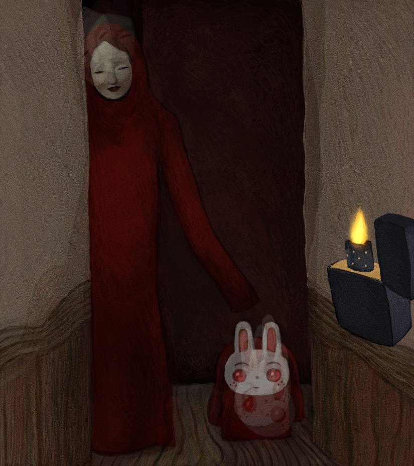 aka_manto, alternate_costume, animal_crossing, cloak, commentary, freckles, hitachi_catherine, horror_(theme)