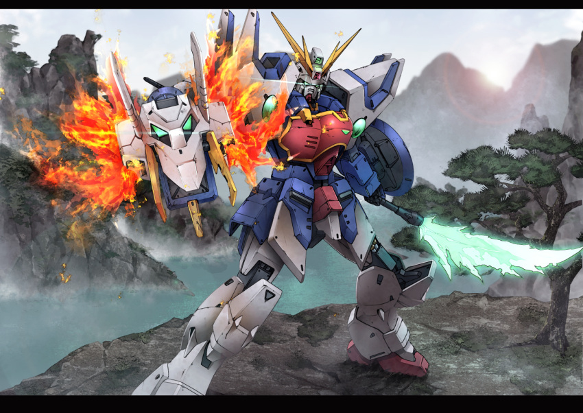 aiyat_@_maotto, beam_lance, energy_lance, energy_weapon, fire, glowing, glowing_eyes, gundam, gundam_wing, holding, holding_lance, holding_polearm, holding_weapon, lance, lens_flare, mecha, no_humans, polearm, science_fiction, shenlong_gundam, shield, solo, sun, v-fin, weapon