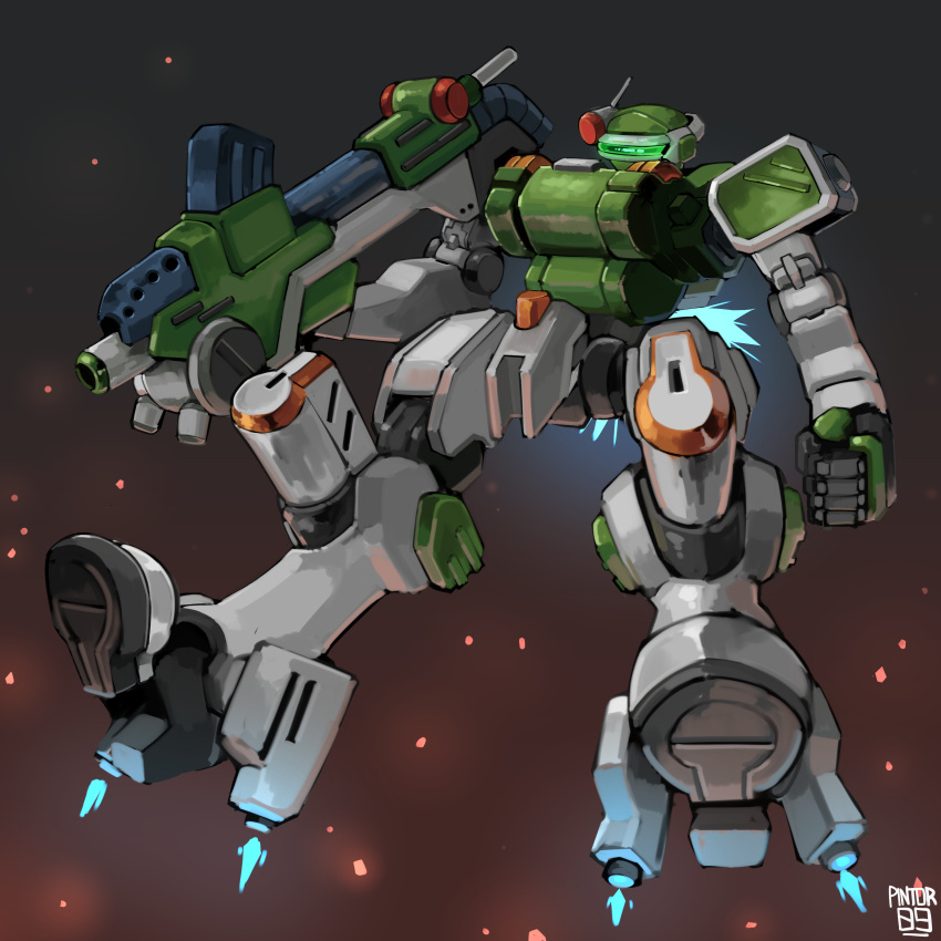 absurdres, artist_name, clenched_hand, flying, glowing, gun, highres, holding, holding_gun, holding_weapon, mecha, moku_(pintor09), no_humans, restol_machine_2, restol_special_rescue_squad, science_fiction, solo, space, visor, weapon