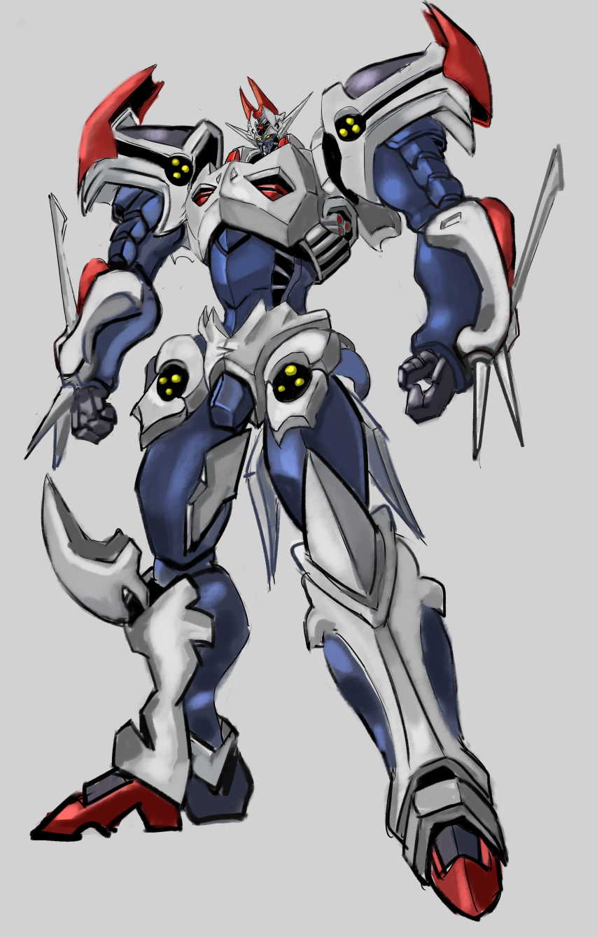 dangaioh_hyper_combat_unit, dangaiou, green_eyes, grey_background, highres, looking_down, magett, mecha, no_humans, science_fiction, solo, spikes, standing, super_robot