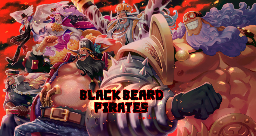 1girl, 5boys, abs, armor, avalo_pizarro, bare_pecs, beard, belly