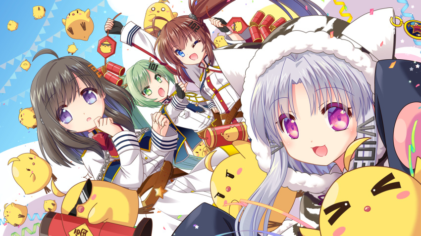 4girls, an_shan_(azur_lane), animal_hood, arm_up, azur_lane, blue_hair, brown_hair, chang_chun_(azur_lane)