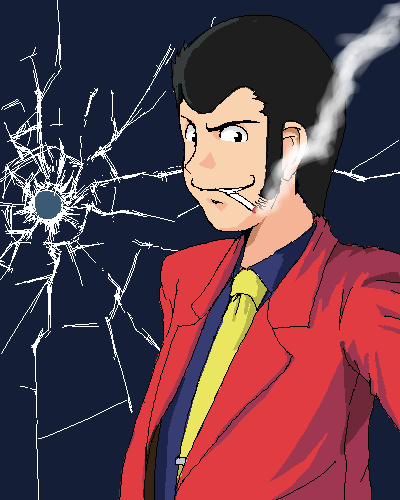 arsene_lupin_iii, bullet_hole, cigarette, lowres, lupin, lupin_iii, lupin_the_third, male