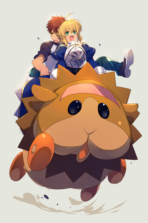 1boy, 1girl, ahoge, animal_costume, armor, armored_dress, artoria_pendragon_(all), blonde_hair, blush, cis05, dress, emiya_shirou, fate/stay_night, fate_(series), green_eyes, guinea_pig, hair_ribbon, lion_costume, long_sleeves, molcar, orange_hair, pui_pui_molcar, raglan_sleeves, ribbon, riding, saber, short_hair, simple_background, smile, yellow_eyes