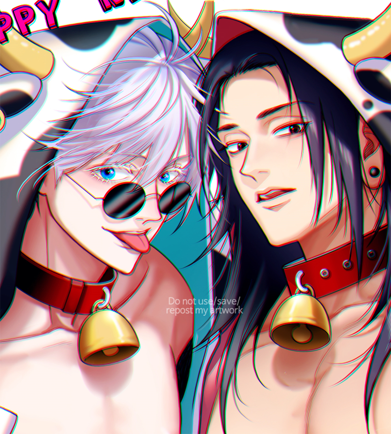 2021, 2boys, abs, alternate_costume, animal_costume, animal_ears, animal_print, bare_pecs