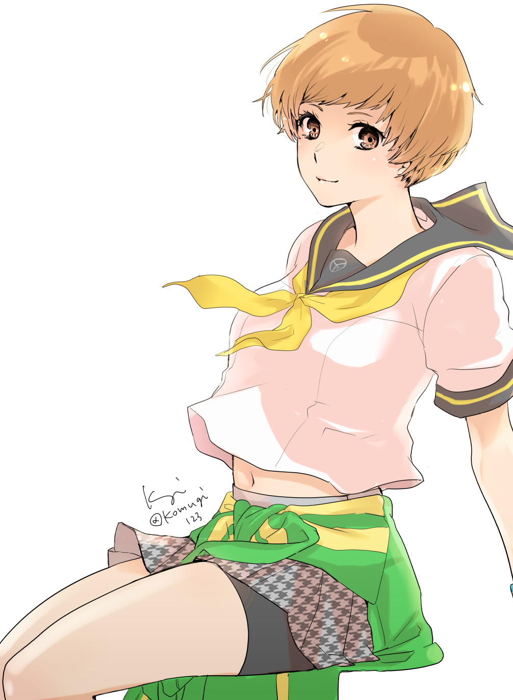 1girl, bike_shorts, black_shorts, brown_eyes, brown_hair, closed_mouth, clothes_around_waist, collared_shirt
