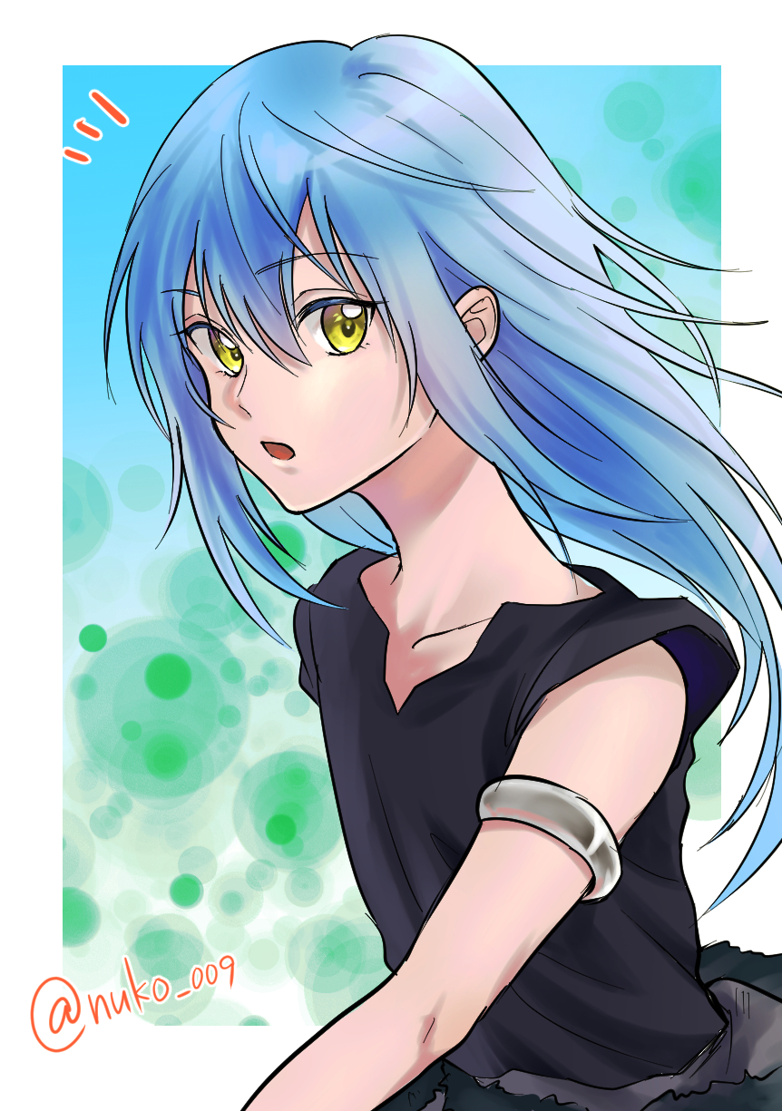 1girl, androgynous, armlet, bangs, black_shirt, blue_hair, border, collarbone