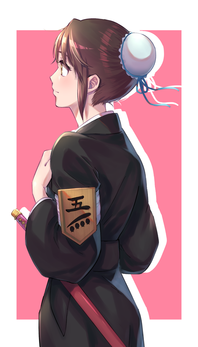 1girl, black_kimono, bleach, blue_ribbon, border, brown_eyes, brown_hair, bun_cover