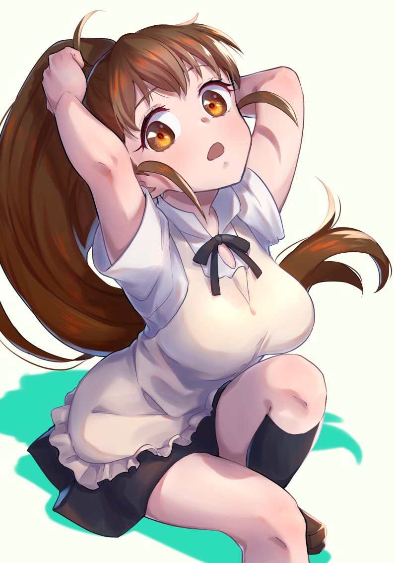 1girl, arm_up, black_legwear, black_ribbon, black_skirt, breasts, brown_eyes, brown_hair