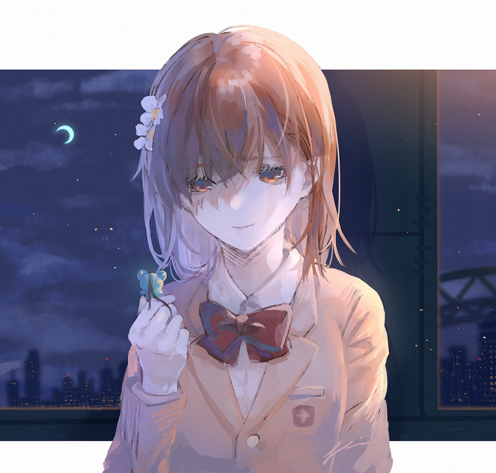 1girl, az_(zero_glvimayhop), bangs, border, bow, bowtie, brown_eyes, brown_hair