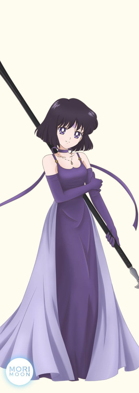 1girl, bangs, bishoujo_senshi_sailor_moon, bishoujo_senshi_sailor_moon_crystal, black_hair, breasts, choker, closed_mouth, collarbone, dress, elbow_gloves, facial_mark, full_body, gloves, highres, holding, holding_polearm, holding_weapon, jewelry, long_dress, medium_breasts, medium_hair, morimoon, pendant, polearm, purple_choker, purple_dress, purple_gloves, shiny, shiny_hair, simple_background, sleeveless, sleeveless_dress, smile, solo, standing, ten'ou_haruka, violet_eyes, weapon, white_background