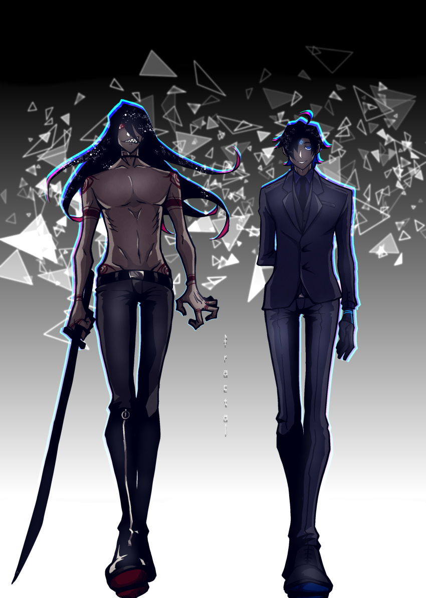 2boys, absurdres, black_hair, black_pants, blue_eyes, business_suit, dark_skin, dark_skinned_male, facial_mark, forehead_mark, formal, grin, highres, holding, holding_sword, holding_weapon, long_hair, male_focus, multiple_boys, nanashi_(protocol_001), pants, red_eyes, scp-073, scp-076-2, scp_foundation, shirtless, smile, suit, sword, tattoo, teeth, weapon